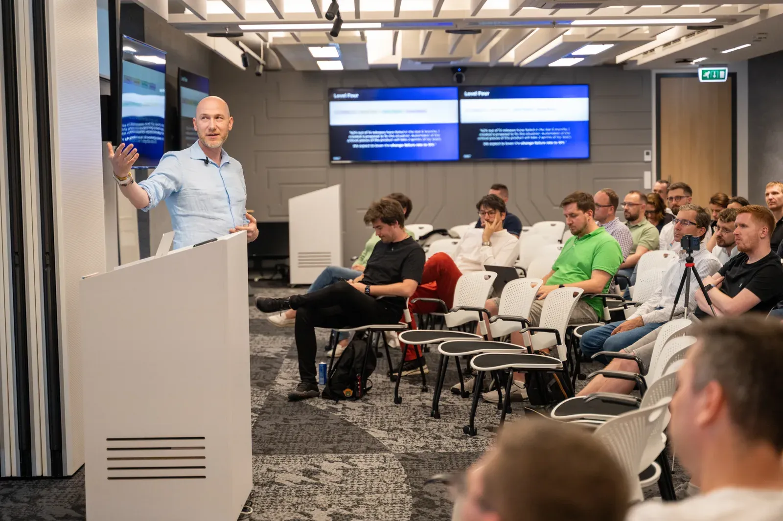 Marian Kamenistak speaking at an engineering leadership event.